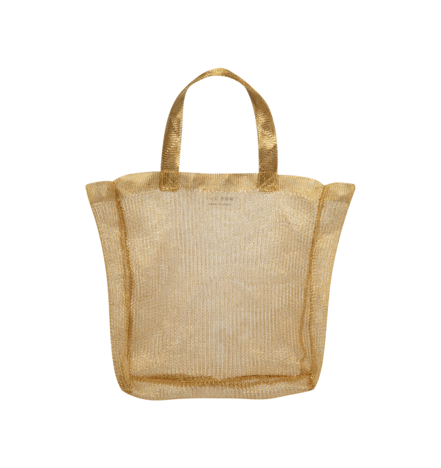 Image 1 of 3 - GOLD - THE ROW Imogen Mini Tote Bag in Steel featuring semi-transparent steel with two flat top handles and single interior compartment. Unlined. 6 x 2 x 7.5 in. Handle: 3.5 in. drop. 87% steel, 13% polyester. Made in Italy.