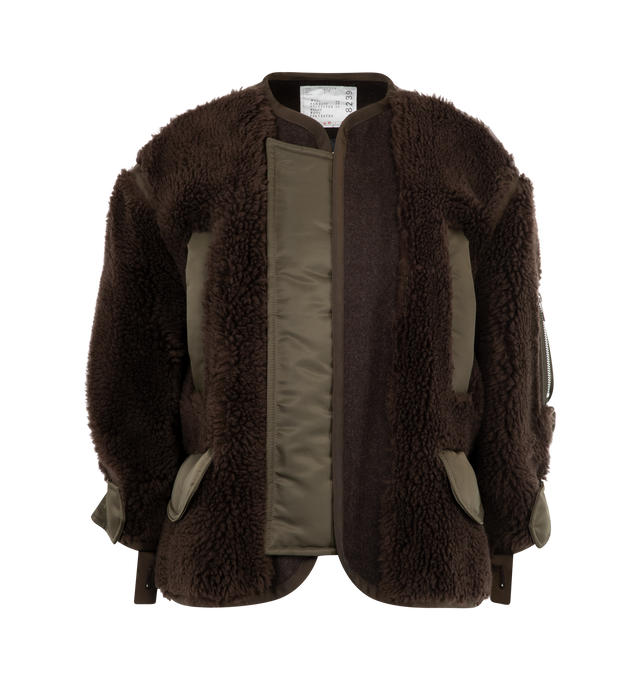 Image 1 of 3 - BROWN - SACAI Faux Shearing x Nylon Twill Blouson featuring paneled construction, covered zip closure, 4 front pockets and one zip pocket on sleeve.