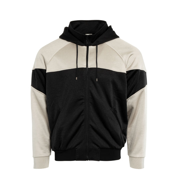 Image 1 of 6 - BLACK - SAINT LAURENT Zip Up Hoodie featuring retro colorblocking, drawstring hood, branded zip closure, zip pockets, long raglan sleeves and ribbed cuffs and waistband. 55% polyester, 45% cotton. Made in Italy. 