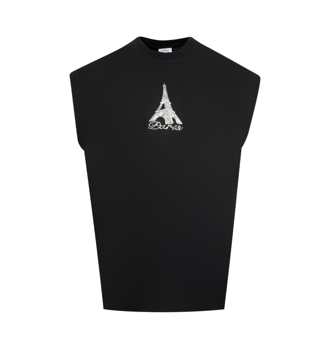 Image 1 of 2 - BLACK - VETEMENTS Crystal Paris Sleeveless T-shirt featuring rib-knit crewneck, graphic at front, straight hem and sleeveless. 100% cotton.