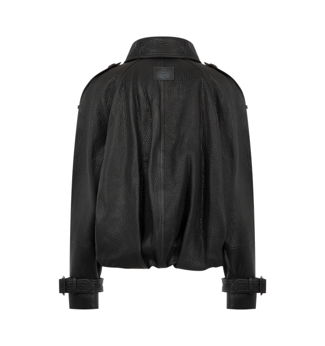 Image 2 of 3 - BLACK - Acne Studios Women's Cropped Leather Trench Coat is crafted from full-grain lamb leather and features a double-breasted silhouette with an elongated neckline, elasticated balloon hem, epaulettes, sleeve tabs with buckle detailing, and side pockets. This designer leather trench coat combines contemporary tailoring with premium craftsmanship, finished with a signature leather logo label at the back neckline and a relaxed, below-the-waist fit. Main Material: 100% Lamb Leather. Lining: 10