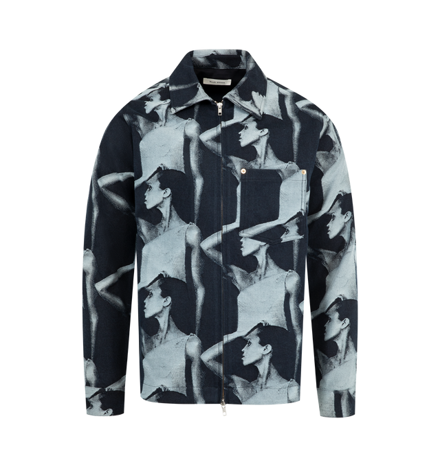 Image 1 of 4 - BLUE - WALES BONNER Jet Zip Jacket featuring full zip denim jacquard jacket with an archival image woven into the fabric, double zip and breast pocket. 100% cotton.