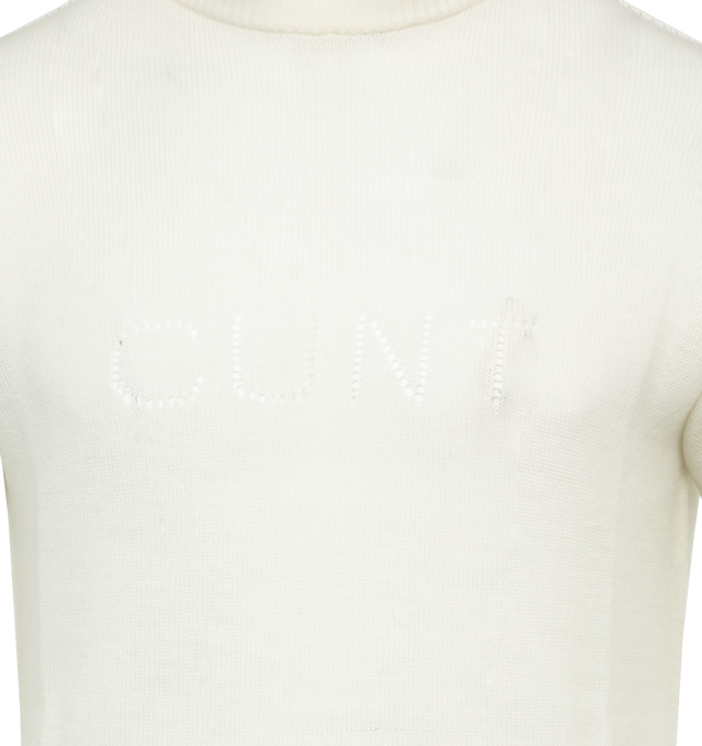 Image 3 of 3 - WHITE - RICK OWENS Cunty Pullover featuring long sleeves, ribbed round neck, nuffs and hem, knit line down center spine and knit graphic. 100% new wool.  