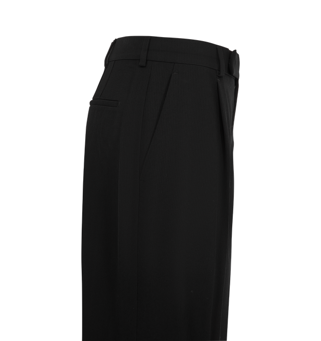 Image 3 of 3 - BLACK - Saint Laurent Women's Crepe Pants are crafted from wool and viscose and feature a mid-rise tailored silhouette with a wide leg, single pleat, and center crease. A concealed front button, hook-and-zip closure, belt loops, two front slash pockets, and two back welt pockets complete the design. Main Material: Wool and Viscose. Made in Italy.