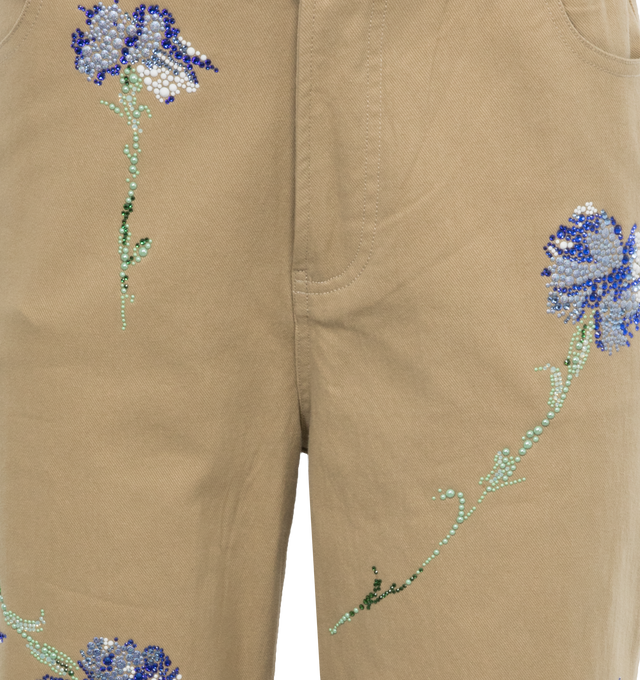 Image 4 of 5 - BROWN - LIBERTINE Cecil Beaton Blue Carnation Crystal Pant featuring crystal-embellished blue carnations, cropped fit, mid rise sits high on hip, wide legs, five-pocket style, button zip fly and belt loops. Cotton/elastane. Made in USA. 