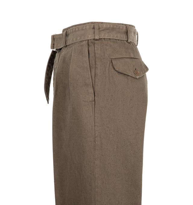Image 3 of 3 - BROWN - Kaptain Sunshine Men's Dyed Denim Riviera Pants are crafted from the brand's signature 13.5 oz cotton denim, treated through a mercerization process and finished with garment dyeing for enhanced depth of color and character. Designed with a relaxed-fitting silhouette, these trousers feature a self-belted waist, two front pleats, a button-fly closure, and flap welt pockets at the back. Main Material: 100% Cotton. Fit: Relaxed. Made in Japan.