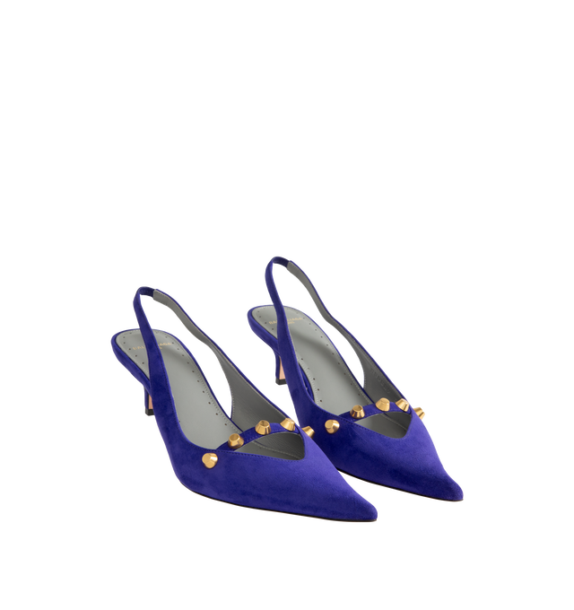 Image 2 of 4 - PURPLE - Balenciaga Women's 45 Studded Suede Pumps are crafted from supple suede and feature a sharply pointed toe outlined with polished gold-tone studs for a bold, signature finish. Designed with a sleek silhouette that balances elegance and edge, this Italian-made style is finished with a leather insole and sole for lasting comfort and refinement. Heel Height: 44mm / 1.8 inches. Main Material: Suede Leather. Sole: Leather Insole and Sole. Toe: Pointed. Hardware: Gold-Tone Studs. Made in It