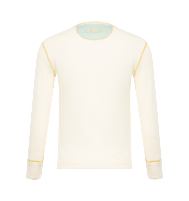 Image 2 of 2 - NEUTRAL - Chlo Womens Henley Shirt is crafted from flatlock ribbed organic cotton jersey. Features a fitted silhouette, Henley neckline with mother-of-pearl button closure, long sleeves, contrast trim, embroidered logo at the back neck, and logo patch at the button placket. Main Material: 100% Organic Cotton; Buttons: 100% Mother-of-Pearl. Made in Portugal.