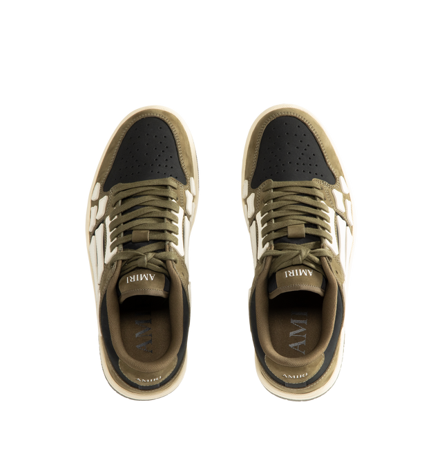 Image 5 of 5 - GREEN - Amiri Mens Skel Top Low Sneakers are crafted with a suede leather upper and signature pebbled leather bone appliqus. Feature contrast topstitching, lace-up closure, padded collar, two-tone rubber sole, and low-top silhouette. Main Material: Leather Upper; Sole: Rubber. Made in Vietnam.