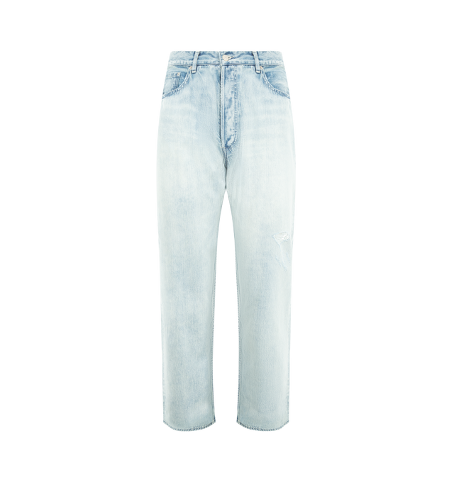 Image 1 of 3 - BLUE - AURALEE Faded Selvage Denim Pant featuring a soft, vintage-like texture, belt loops at waist, wide fit and tapered leg. 100% cotton.
