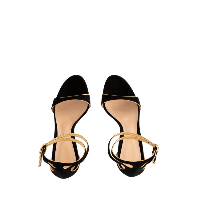 Image 4 of 4 - BLACK - GIANVITO ROSSI Victorine Nappa Silk Sandal featuring a round toe sandal with a 115mm stiletto heel, metallic-effect gold leather piping, double buckle ankle straps and leather lining. 100% suede. Heel Height: 4.5 inches / 115 mm. Made in Italy.