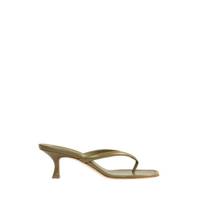 Image 1 of 4 - GREEN - Manolo Blahnik Paterno 50 Leather Sandal featuring nappa leather upper with leather sole, leather lining and footbed, angled round toe with flared kitten heel.Approx 50mm/ 2 inch heel. Made in Italy.