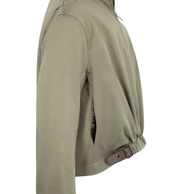 Image 3 of 3 - GREEN - Loewe Men's Jacket in medium-weight garment-dyed cotton satin featuring a gathered front with a decorative contrast belt. Regular fit, regular length featuring classic collar, zip front fastening, buttoned cuffs, seam pockets, inside jet pocket, fully lined with Anagram embroidery placed on the chest, LOEWE embossed leather patch placed at the back. Cotton. Made in Italy.