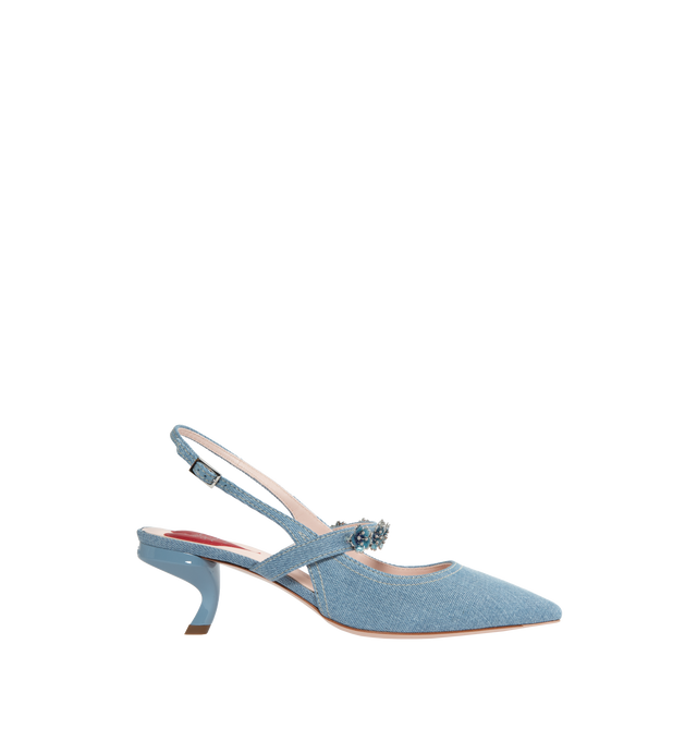 Image 1 of 4 - BLUE - ROGER VIVIER Virgule Flower Slingback Denim Pumps featuring flower accent, pointed toe and slingback adjustable ankle strap. 2.25in heel. Lining: Leather. Leather outsole. Made in Italy. 