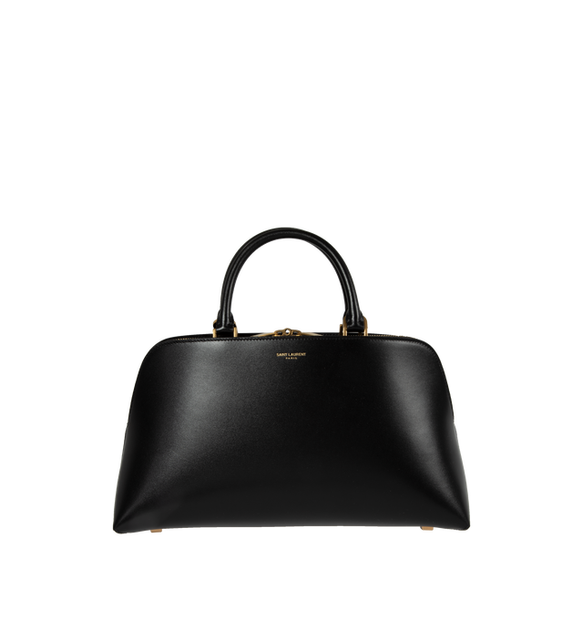 Image 1 of 4 - BLACK - Saint Laurent Sac Du Jour Duffle Bag crafted from shiny calfskin leather with leather lining, bronze-tone hardware and 4 metal feet. This is a smaller, bowling-inspired version of the Sac Du Jour features a brass padlock, embossed "Saint Laurent Paris" with 2 compartments seperated by a zip pouch, top handle and adjustable shoulder strap providing hand-carry and cross-body carry options.  Measures 12.2" X 6.7" X 1.2"3.7" with 3.5" handle drop and 16.9" strap drop. Made in Ital 