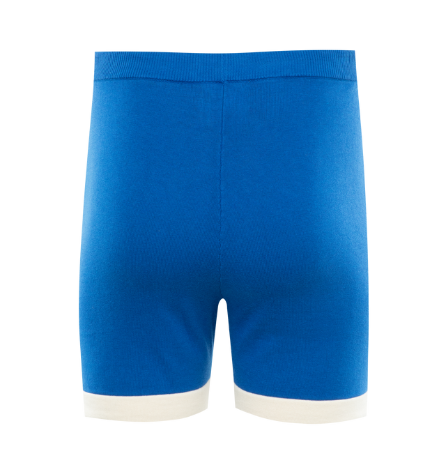 Image 2 of 3 - BLUE - MR. SATURDAY Good Luck Knit Polo Short featuring standard fit, seam pockets, drawstring closure, contrast paneling and graphic on thighs. 93% cotton, 7% cashmere. 
