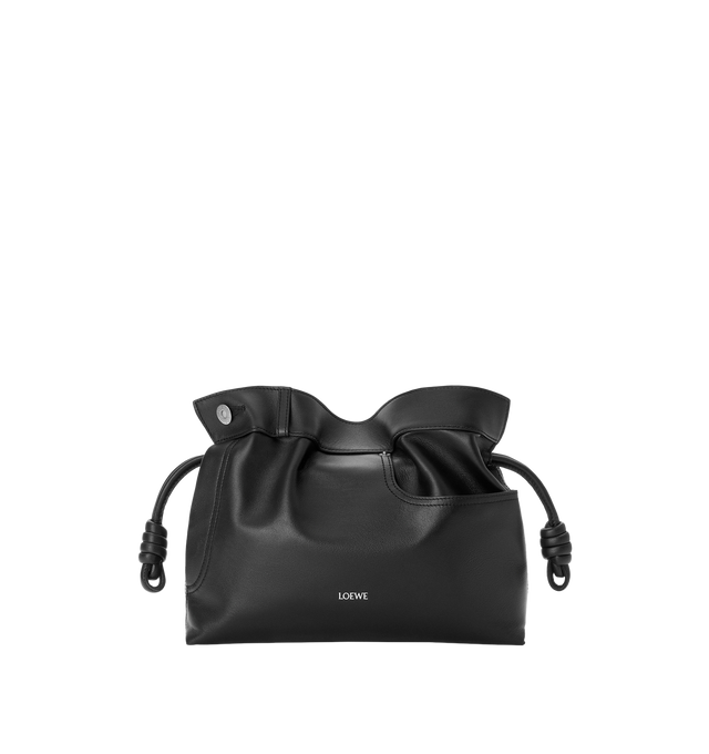 Image 1 of 4 - BLACK - LOEWE Panta Flamenco Medium Clutch in shiny calfskin featuring a soft and slouchy bag with a cinched closure and historical knot drawstrings. This medium version is crafted in shiny calfskin with denim trousers-inspired details, shoulder, crossbody or hand carry, detachable and adjustable strap, magnetic closure, herringbone cotton canvas lining and silver embossed LOEWE. Shiny calf. 24.5 cm x 30 cm x 10.5 cm. Made in Spain.