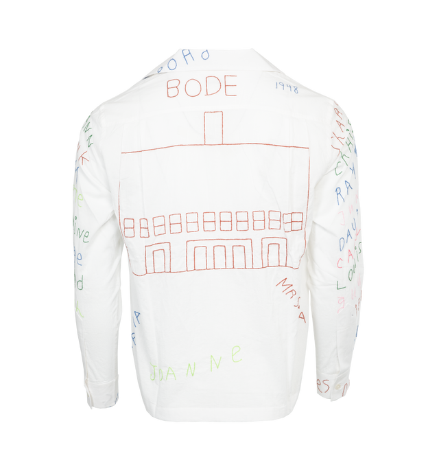 Image 2 of 4 - WHITE - BODE Familial Hall Shirt featuring open spread collar, button closure, single-button barrel cuffs, logo embroidered at back collar, graphic embroidered at back and pleats at back yoke. 100% cotton. Made in India. 