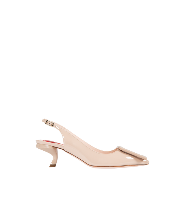 Image 1 of 4 - PINK - ROGER VIVIER Virgule Lacquered Buckle Slingback Pumps in Patent Leather featuring patent leather upper, tapered toe, lacquered buckle, heel strap, leather insole with heart-shaped insert and lacquered Virgule heel. 2.2 inches. Leather outsole. Made in Italy. 