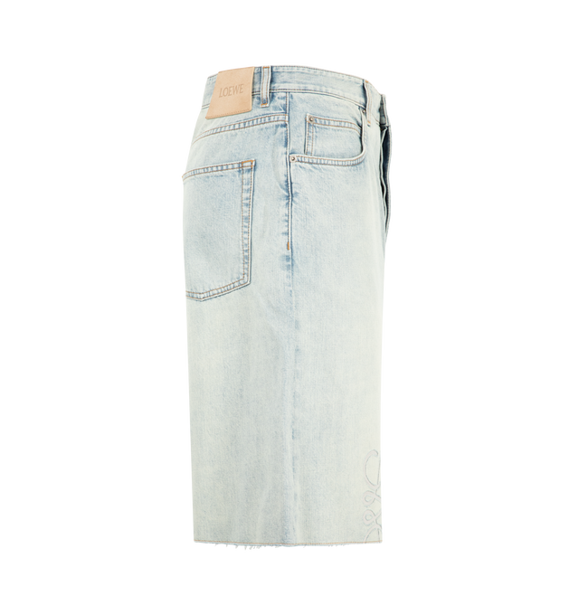 Image 3 of 3 - BLUE - Loewe Mens Washed Cotton Denim Shorts are crafted from medium-weight washed cotton denim. Features a regular fit, regular length, mid-rise waist, frayed hem, Anagram cut-outs at the knees, concealed button fly, five-pocket styling, and LOEWE debossed suede patch at the back. Main Material: Cotton. Made in Italy.