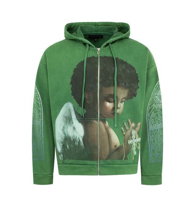Image 1 of 2 - GREEN - WHO DECIDES WAR Sacred Being Cotton Zip-Up Hoodie featuring a graphic print on front, relaxed zip-front silhouette, attached drawstring hood, long sleeves, split kangaroo pocket and front zip closure. 100% cotton. Made in Italy.