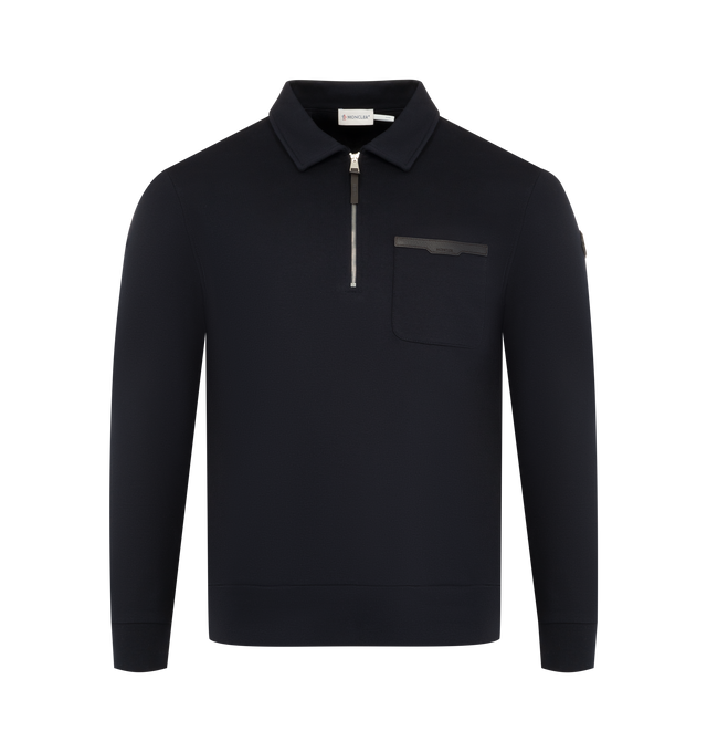 Image 1 of 3 - NAVY - MONCLER Half-Zipper Sweatshirt featuring cotton and nylon blend double jersey, collar, long sleeves, chest pocket, zipper closure and leather logo details. 90% cotton, 10% polyamide/nylon.