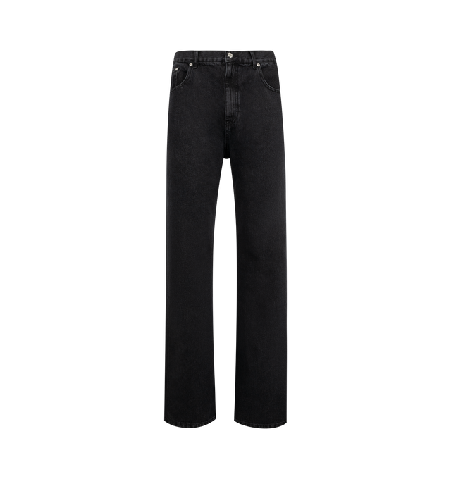 Image 1 of 3 - BLACK - SECOND LAYER Valluco Denim 1 Jeans featuring standard fit, non-stretch, five-pocket style and contrasting leather logo patch at back waistband. 100% cotton.