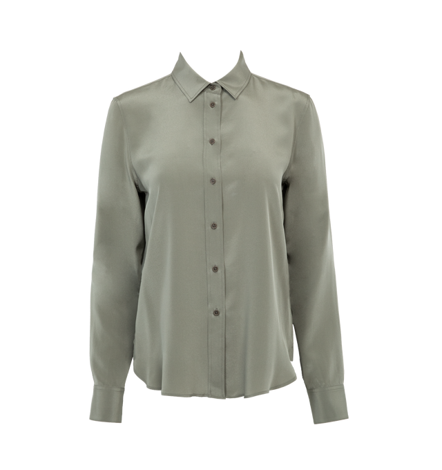 Image 1 of 3 - GREEN - NILI LOTAN Gaia Slim Fit Shirt featuring long-sleeves, button-front, sheer, spread collar, straight front hem, shaped back shirttail hem, tonal buttons at placket and cuffs. 100% silk. Made in USA. 