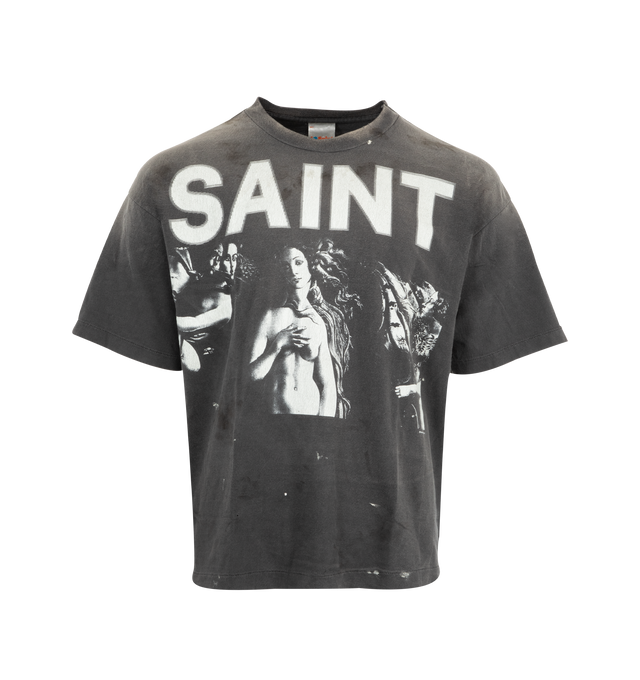Image 1 of 2 - BLACK - SAINT MICHAEL Saint Maria T-shirt featuring a worn-in and distressed design, ribbed crewneck, short sleeves and front graphic print. 100% cotton. Made in Japan.