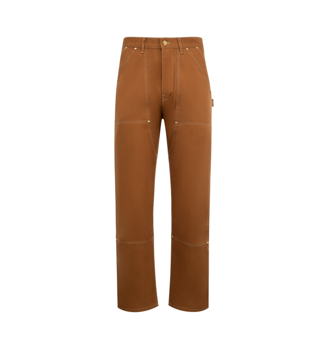 Image 1 of 3 - BROWN - HUMAN MADE Duck Work Trousers featuring front button and zip fastening, mid-rise, belt loops, two diagonal pockets to the sides, mini logo tag, two rear patch pockets, logo patch to the rear and straight leg. 100% cotton.