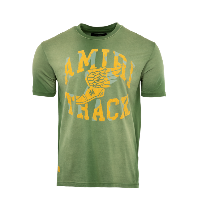 Image 1 of 2 - GREEN - AMIRI Track Graphic T-Shirt featuring crewneck, short sleeves, faded graphics and relaxed fit. 100% cotton. 