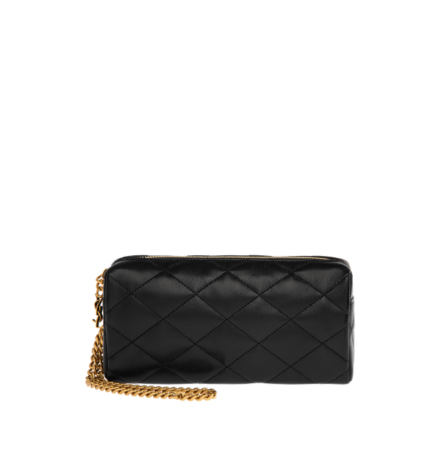 Image 1 of 2 - BLACK - SAINT LAURENT Bijou Pouch in lambskin featuring a CASSANDRE jewelry chain wrist strap, diamond quilting, cotton lining, bronze-tone hardware, one flat pocket and zip closure. 7.1" x 3.5" x 1.6". Handle drop: 6.7". Lambskin. Made in Italy.