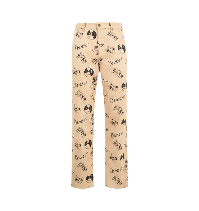 Image 1 of 3 - BROWN - MARKET Smiley Cubism Double Knee Pant featuring button zip closure, printed graphic throughout, a double knee design, bel loops, relaxed fit and four pocket style.