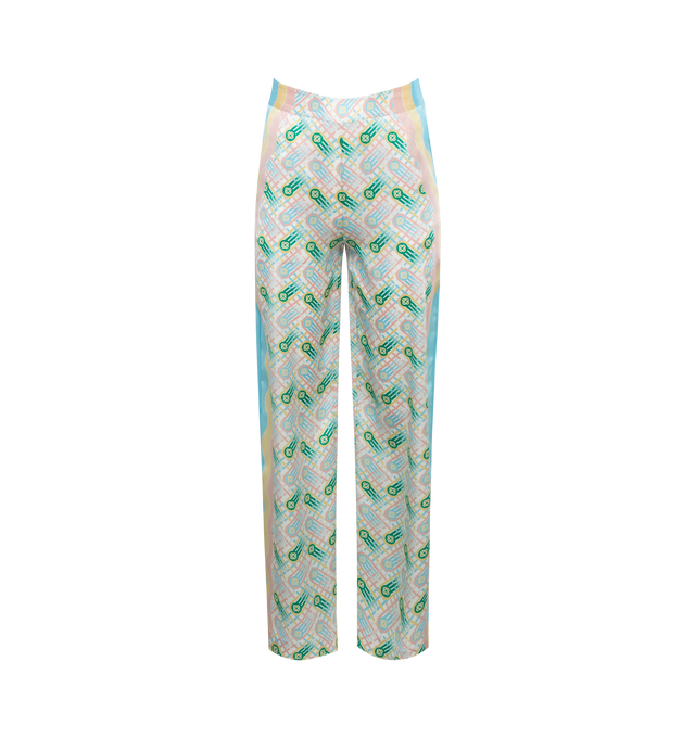 Image 1 of 3 - MULTI - CASABLANCA Logo Print Silk Trousers featuring abstract logo print and wavy side stripes, high rise, flat front, side slip pockets, wide legs, full length and invisible side zip. 100% silk. Lining: polyester. Made in Italy. 