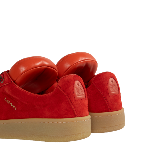 Image 3 of 5 - RED - LANVIN LAB X FUTURE Hyper Curb Sneakers featuring padded tongue, round toe, herringbone motif laces and Lanvin logo in metal on the outside of the sneaker.  76% calf - bos taurus, 24% polyester. Lining: 100% calf - bos taurus. Sole: 100% rubber. Made in Italy. 