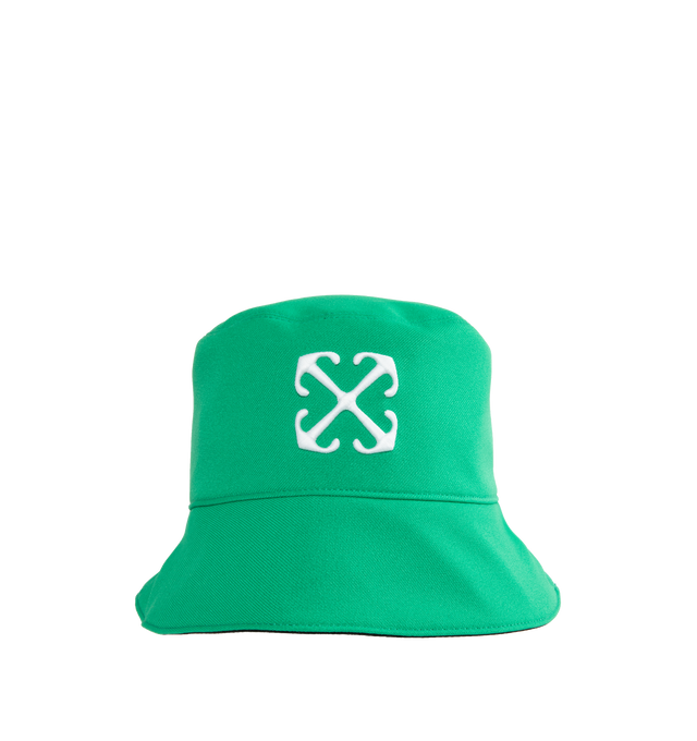 Image 1 of 3 - MULTI - OFF-WHITE REVERSIBLE ARROW BUCKET HAT is a reversible bucket hat in cotton, flat crown, arrow logo motif and downturned brim. The hat is green on one side with the Off White arrow logo in white and black on the reversible side with a green Off White arrow logo. 100% polyamide. 