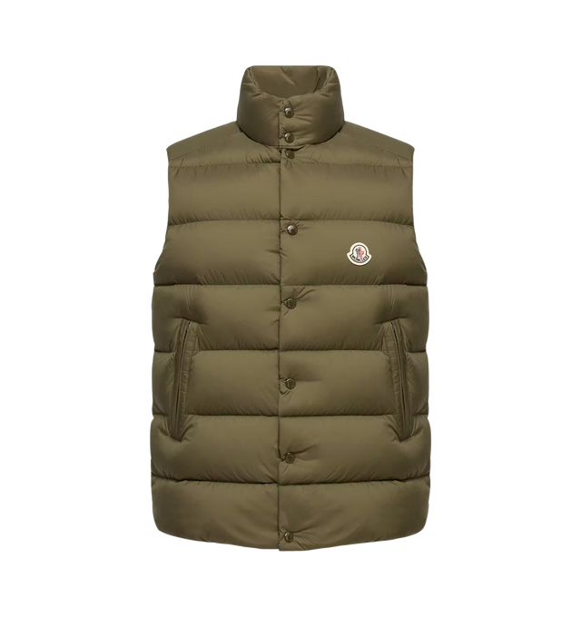 Image 1 of 1 - GREEN - MONCLER Tibb Down Vest featuring water-repellent main fabric, longue saison lining, down-filled, collar with snap button closure, zip closure and zipped pockets. 100% polyamide/nylon. Padding: 90% down, 10% feather. Made in Moldova.
