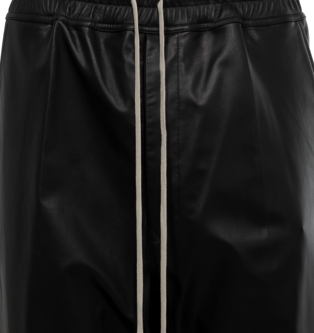 Image 3 of 4 - BLACK - RICK OWENS Cropped Leather Pants featuring paneled construction, drawstring at elasticized waistband, four-pocket styling, button-fly, creased legs, gusset at inseam, full cupro satin lining and horn hardware. 100% lambskin. Lining: 100% cupro. Made in Moldova. 