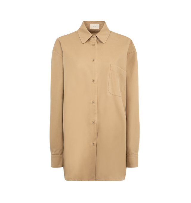 Image 1 of 2 - BROWN - THE ROW Tansy Shirt featuring oversized button-up shirt in soft cotton and cashmere gabardine with slim back yoke and exposed front button placket. 95% cotton, 5% cashmere. Made in Italy.