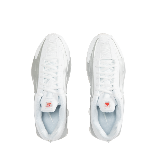 Image 5 of 5 - WHITE - NIKE Shox R4 Sneaker featuring Shox columns in the heel, synthetic and textile upper, Nike Shox technology, modified, circular Waffle outsole, laser perforations throughout, foam midsole and rubber outsole.