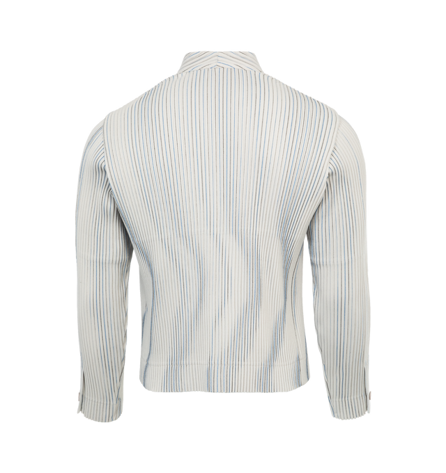 Image 2 of 4 - WHITE - ISSEY MIYAKE TWEED PLEATS SHIRT featuring wavy contrasting stripes, pleated jacket, straight, tailored shape, two side pockets and a two-button closure. 100% polyester.  