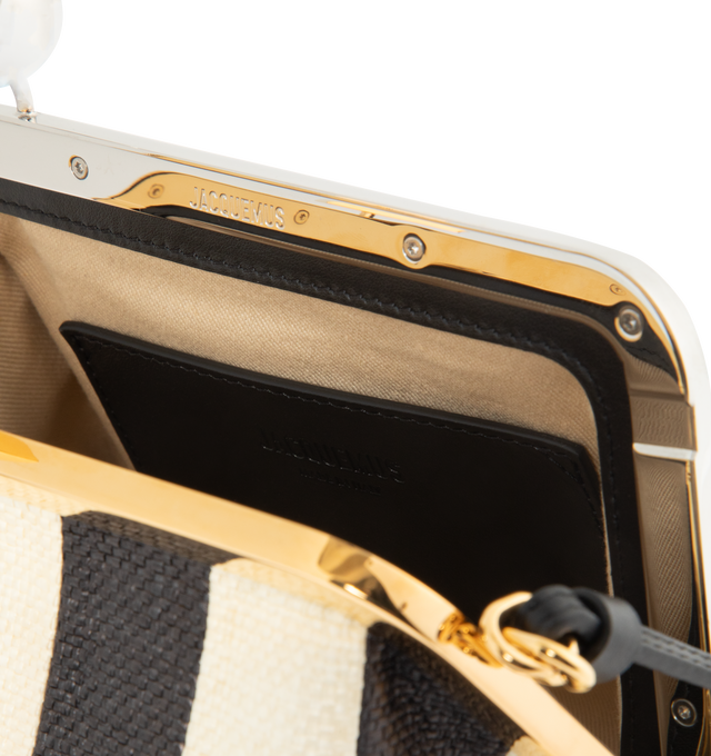 Image 3 of 3 - MULTI - JACQUEMUS The Berlingot Small Clasp Bag featuring small pouch bag in striped patchwork raffia, removable thin shoulder strap in contrast leather, contrast Rond-Carr clasp closure in silver and gold metal, interior card pocket and fully lined in cotton. 7.87 5.31 5.12 in. 100% polyamide. Made in Italy.