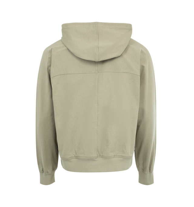 Image 2 of 2 - GREEN - Rick Owens Windbreaker Loose Fit Sweatshirt featuring drawstring hood, long sleeves, signature hanging laces, zip fastening on the front, stud detail on the front, 2 side pockets, ribbed hem and cuffs and silver colored metalware. 100% cotton. Made in Italy.