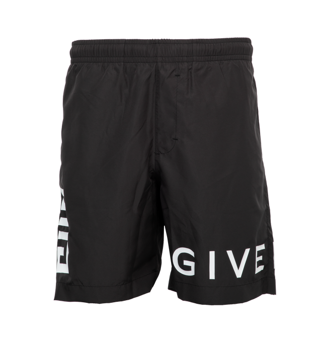 Image 1 of 6 - BLACK - GIVENCHY 4G NYLON LONG SWIMWEAR are made with recycled nylon with Givenchy 4G contrasted print, two side pockets, one back welt pocket and elastic waist. 100% polyester. Lining: 100% polyester. 