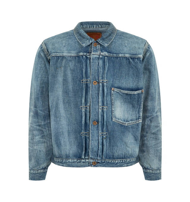 Image 1 of 3 - BLUE - FULLCOUNT WWII Model 11.5oz Denim Jacket HW Master Of Reality featuring button front closure, buttoned cuffs, adjustable back tab, chest pocket, collar, relaxed fit and contrast stitching. 100% cotton.