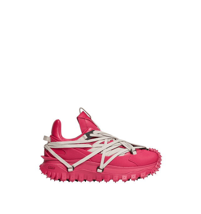 Image 1 of 1 - RED - RICK OWENS X MONCLER Trailgrip Megalace Leather Sneakers featuring leather, mesh lining, MEGALACE closure, TPU spoiler, EVA midsole, carbon fiber between midsole and tread, Special Vibram MEGAGRIP rubber compound and OrthoLite insole. Sole height 4.5 cm. 100% polyamide/nylon. Sole: 100% elastodiene.