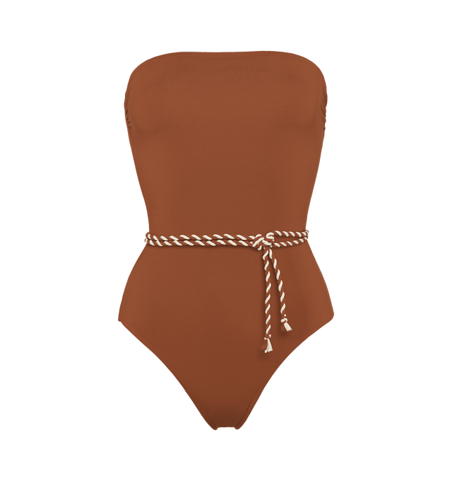 Image 1 of 5 - BROWN - ERES Majorette One-Piece Bustier Swimsuit featuring two-tone twisted belt to tie at the waist, gripper tape and side shirring. 84% Polyamid, 16% Spandex. Made in Morocco. 