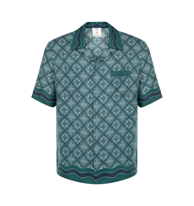 Image 1 of 2 - GREEN - Casablanca Men's Radiating Monogram Silk Shirt in an all-over printed design, featuring the house's Radiating Monogram pattern, Cuban collar, button closure, interlocking CC logo corozo buttons, a breast pocket, and Memphis wave-inspired stripe detail on the collar, cuffs, hem and pocket. Designed to be worn with the coordinating silk shorts. 100% silk twill fabric. Made in Italy.