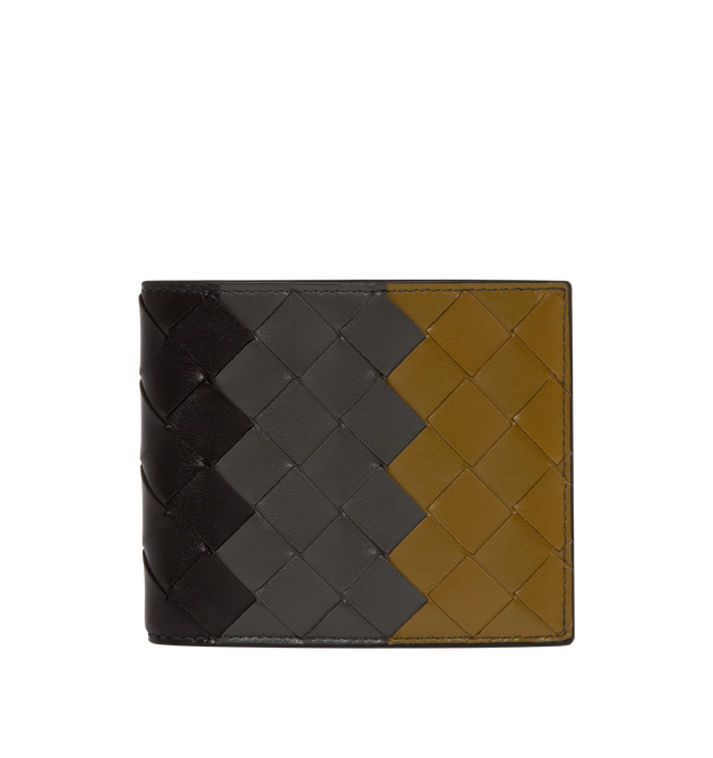 Image 1 of 3 - BLACK - BOTTEGA VENETA Intrecciato Bi-Fold Wallet featuring intrecciato calfskin leather wallet with tri-colour panels, eight card slots, two bill compartments, two additional pockets. 3.7 x 4.3 x 0.4. Made in Italy.