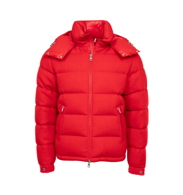 Image 1 of 4 - RED - MONCLER WINNIPEG JACKET featuring drawcord hood with stand collar, long sleeves, snap-button cuffs, zip pockets and zip closure. 100% virgin wool. Trim: 100% polyamide. Padding: 90% down, 10% feather. 